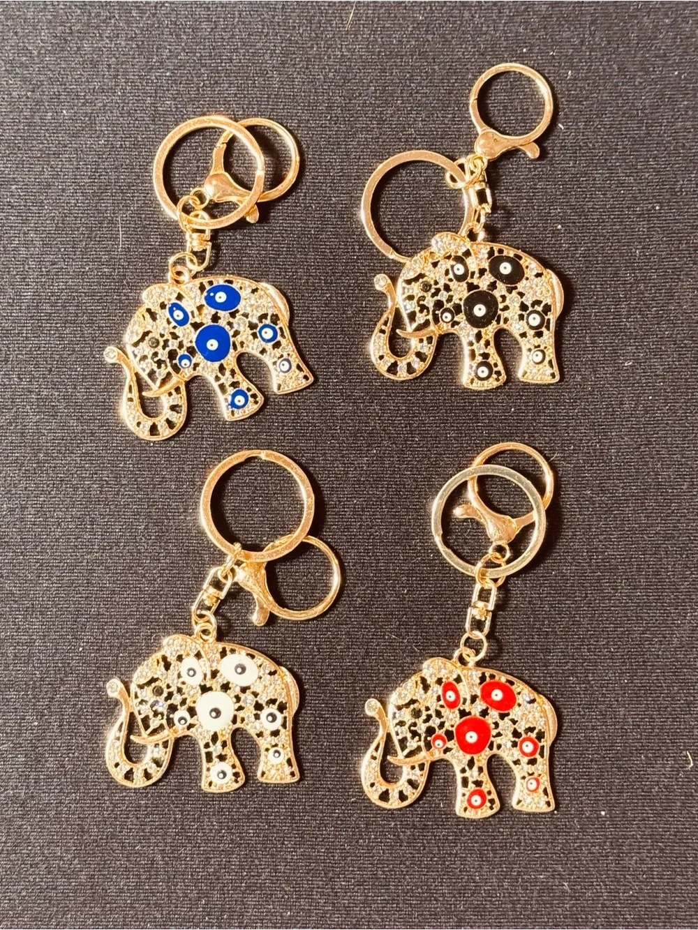 NWT Crystal Rhinestone Elephant Evil Eye Keychain Bag Charm Gold Tone White