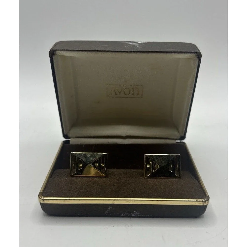 Avon Gold Tone Rectangle Cuff Links with Box