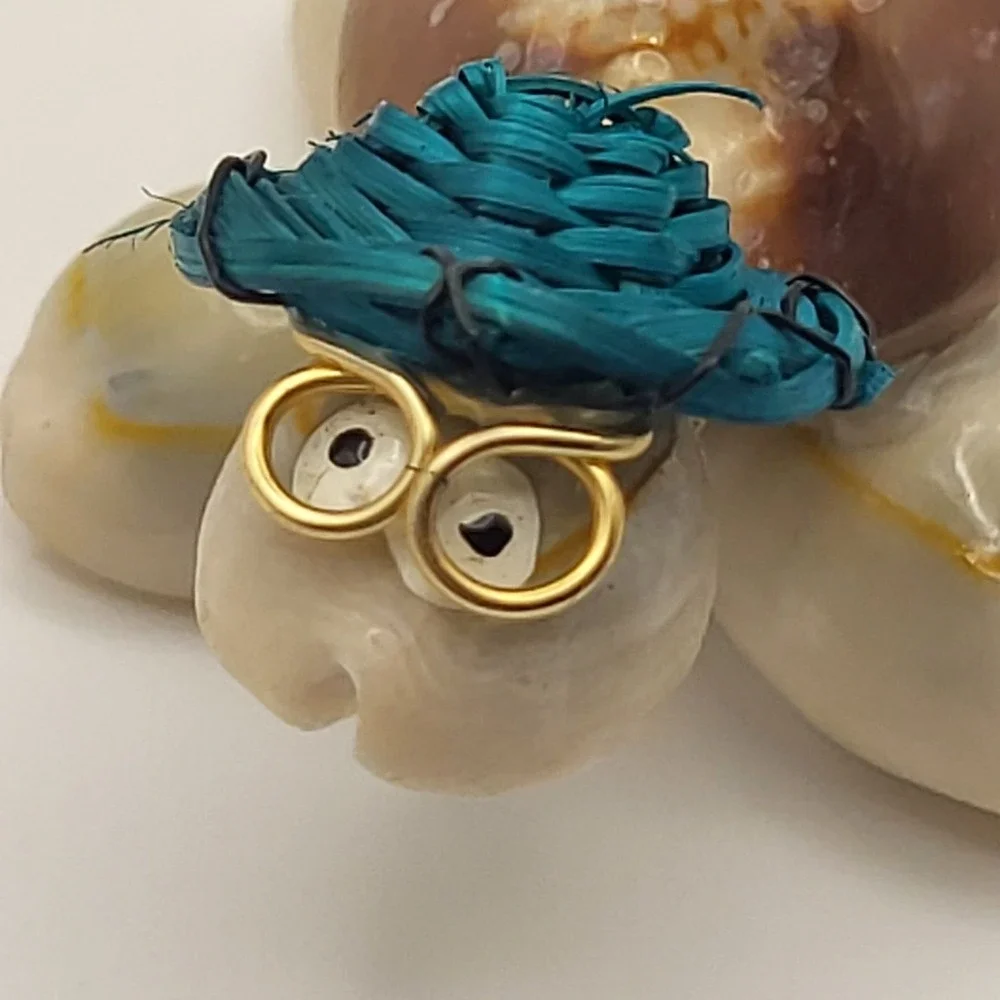 Handcrafted Shell Googly Eye Turtle Figurine Blue Hat Gold Glasses Miniature