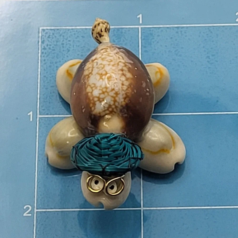 Handcrafted Shell Googly Eye Turtle Figurine Blue Hat Gold Glasses Miniature