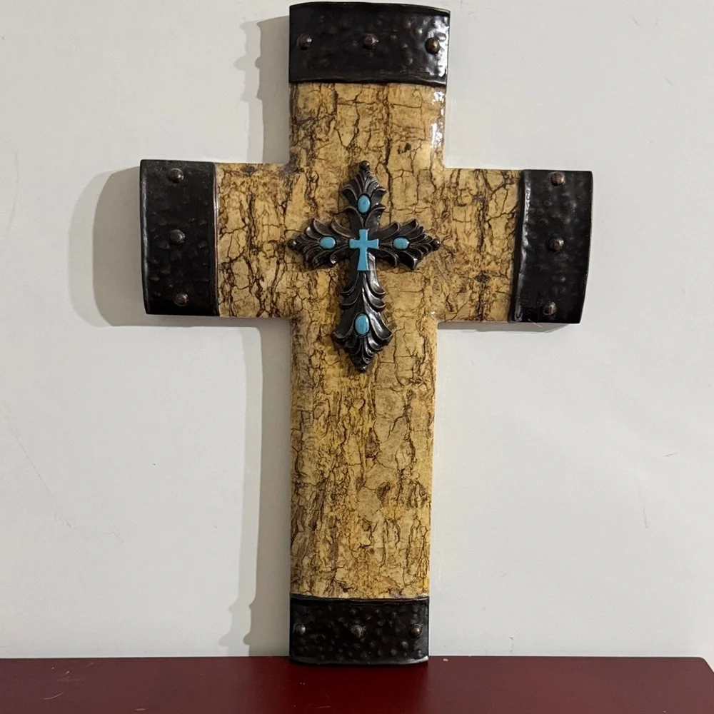 Rustic Southwestern style faux wood and hammered iron wall cross