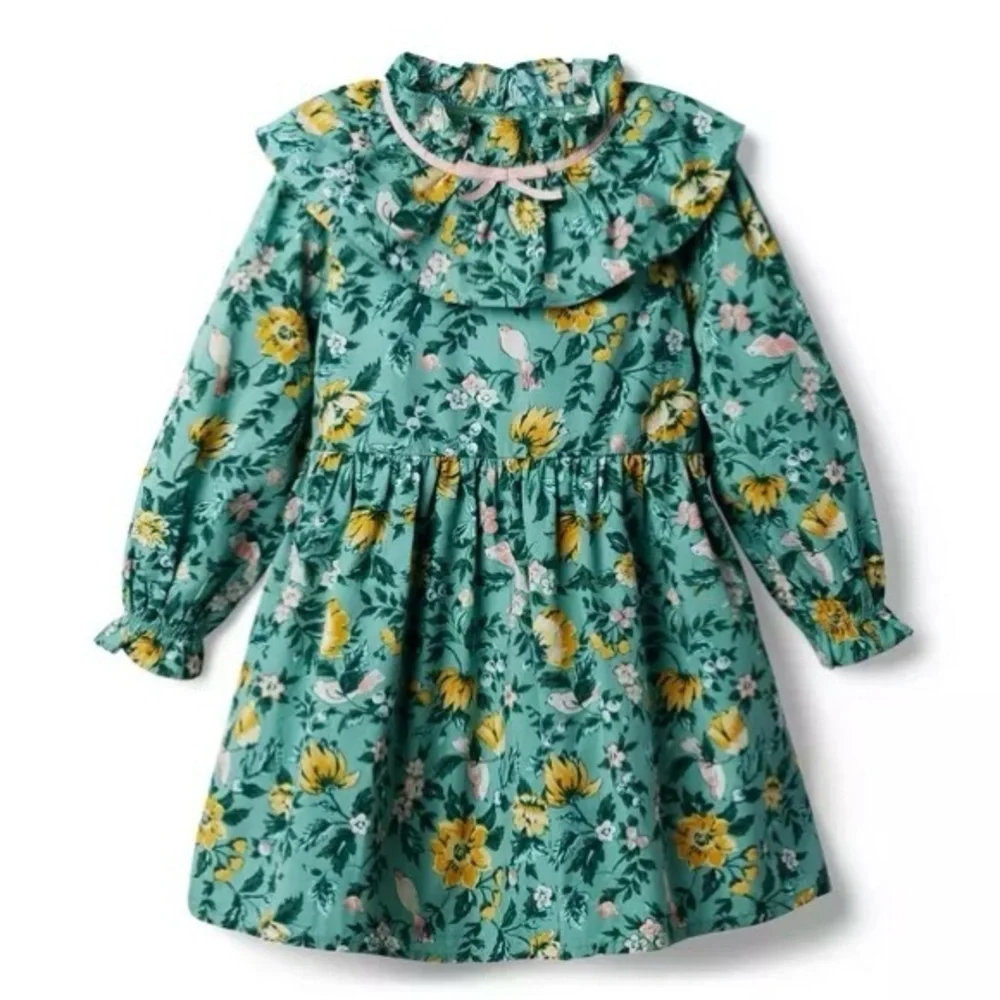 Janie And Jack Malachite Green Floral Ruffle Collar Bow Dress Long Sleeve 4