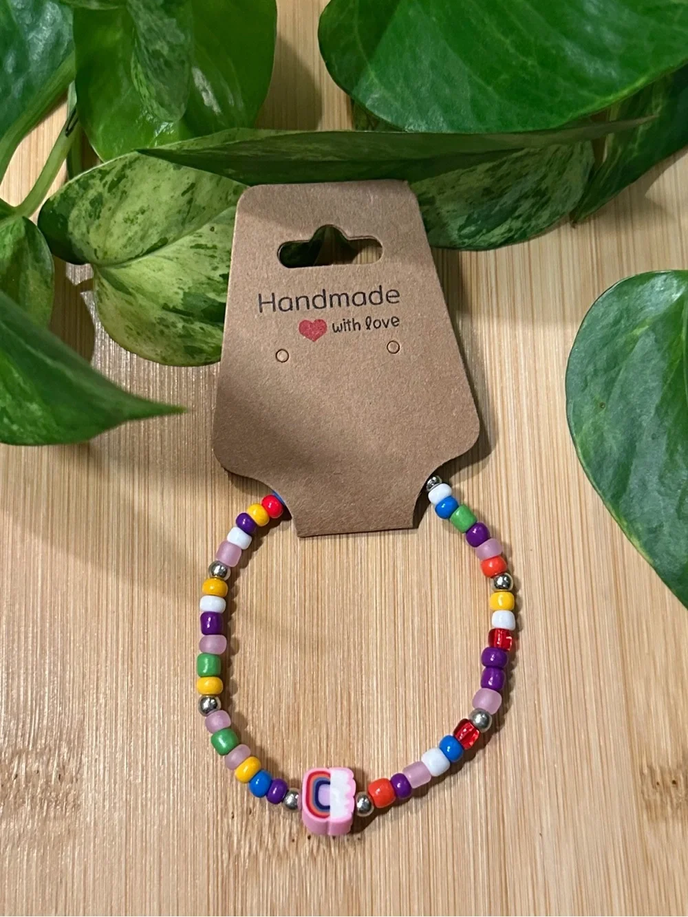 🌈✨ Rainbow Stretchy Beaded Bracelet | Handmade | Clay Rainbow Charm 🌈