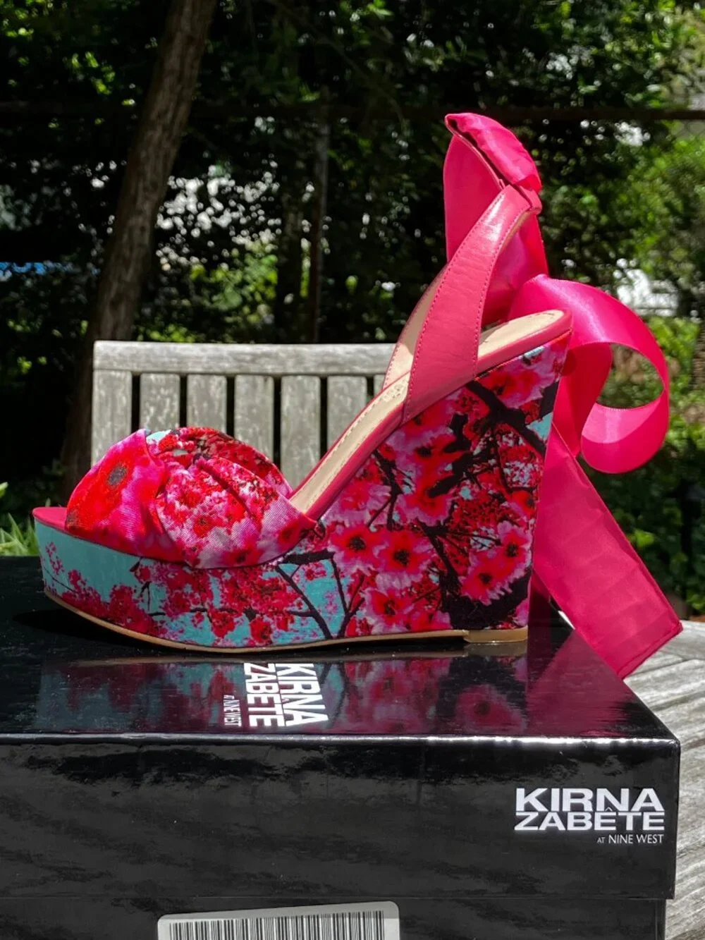 NWT🌺Cherry Blossom and Pink Satin Ribbon Platform Wedge Sandals
