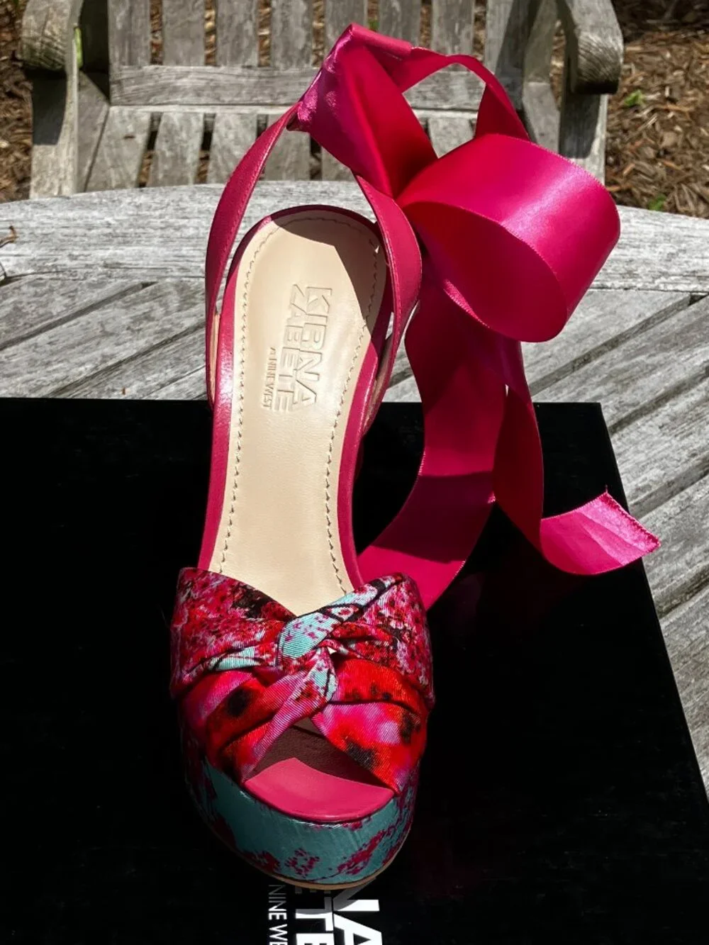 NWT🌺Cherry Blossom and Pink Satin Ribbon Platform Wedge Sandals