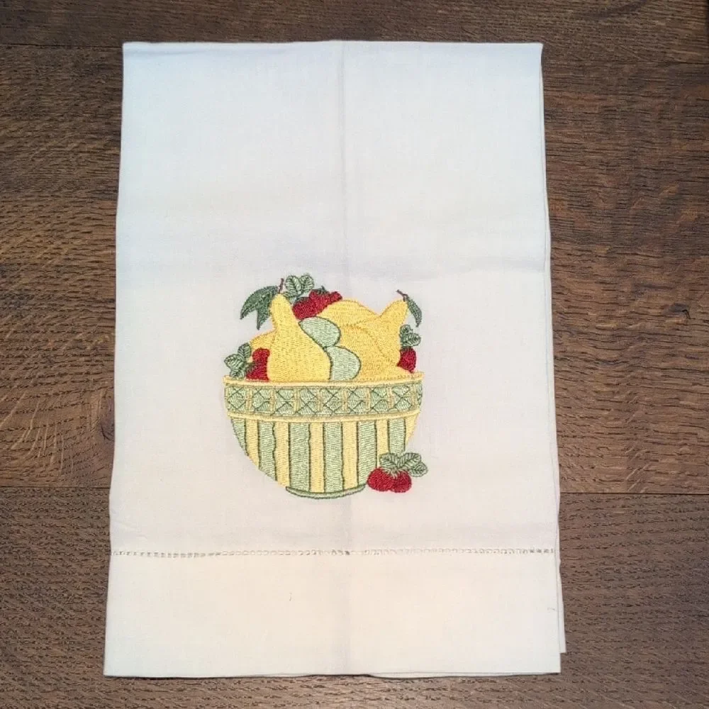 Embroidered Fruit Basket Tea Towel