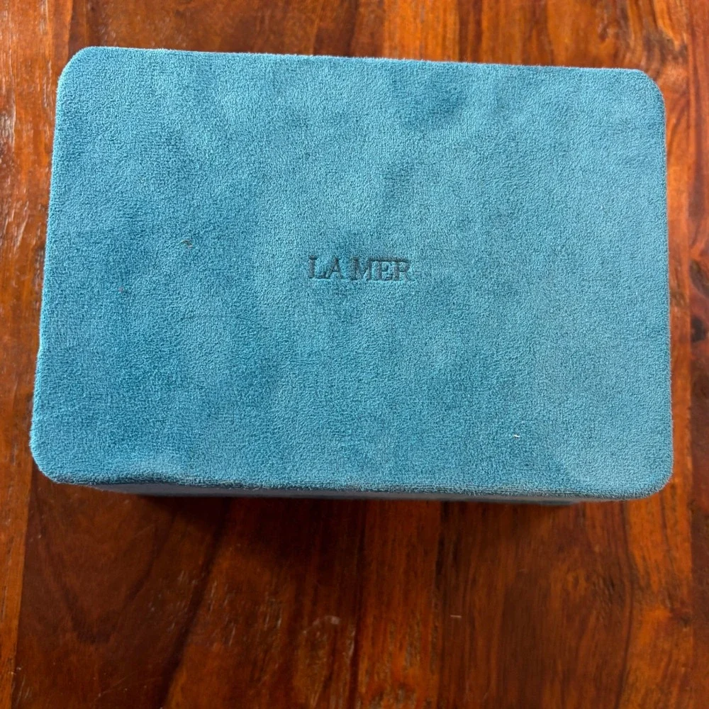 La Mer Teal Blue Velvet Luxury Jewelry Skincare Storage Box Case Hinged Lid