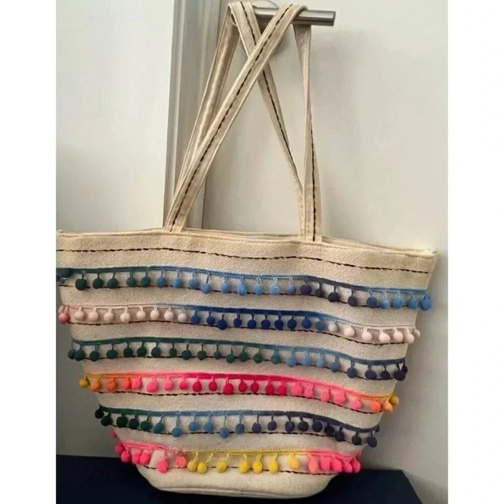 Paper Source Colorful Pom Pom‎ Large Canvas Tote, Colorful Stripes, Zip Closure