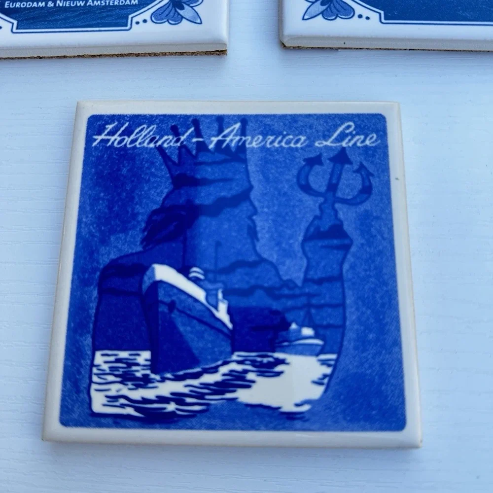 Set of 5 HOLLAND-AMERICA Cruise Delft Blue White Tile Coaster Set‎ NEW w COA
