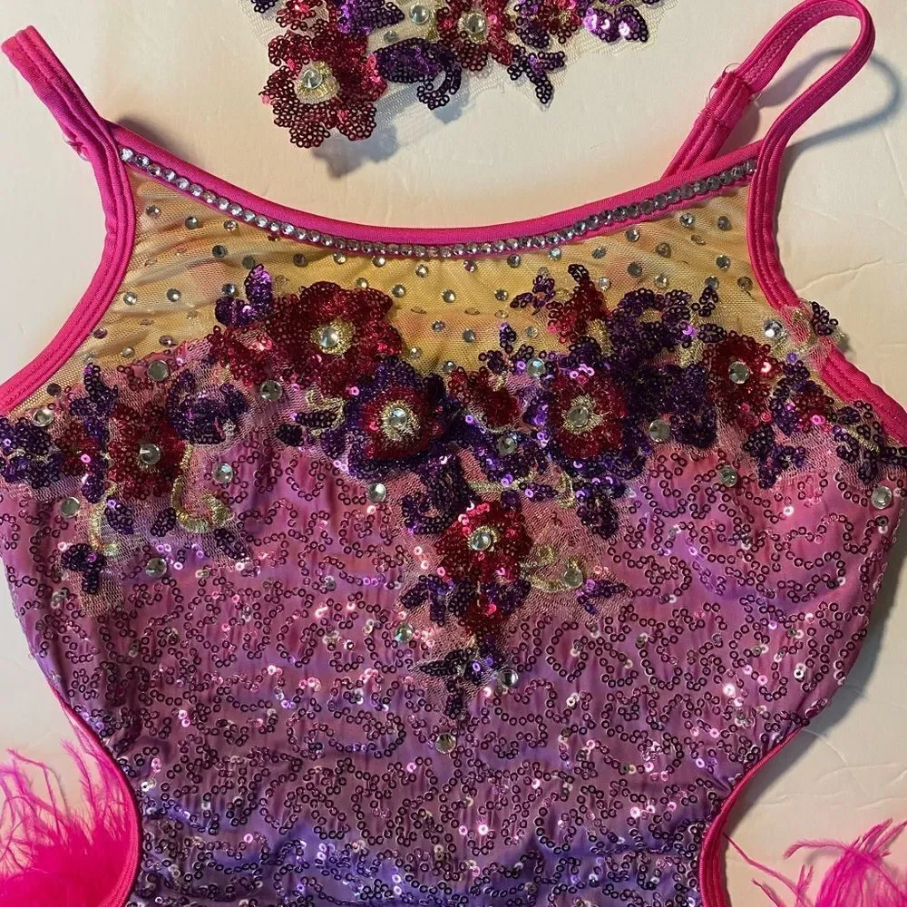 Glamour solo dance costume purple pink feather rhinestone jazz LC-large child