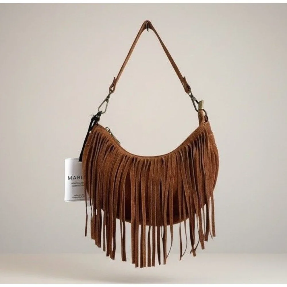 NWT Marlon Italy Suede Fringe Crescent Hobo Bag Brown Western Cowgirl Festival