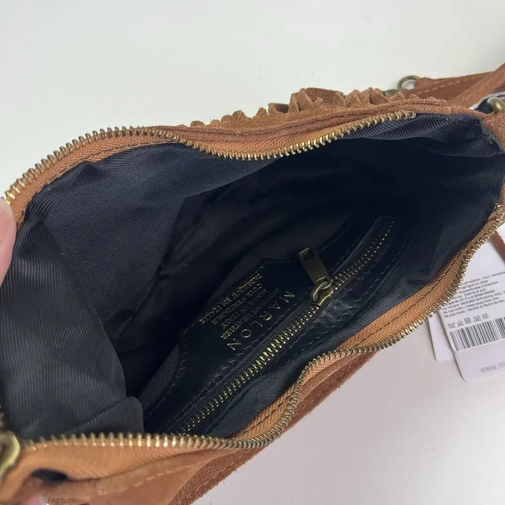 NWT Marlon Italy Suede Fringe Crescent Hobo Bag Brown Western Cowgirl Festival