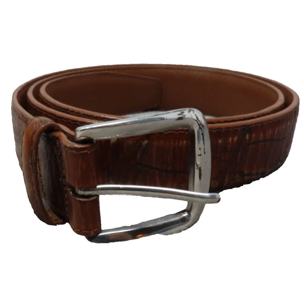 Vintage Brighton Unisex Brown Leather Silver Buckle Croc Embossed Belt‎ Size 40