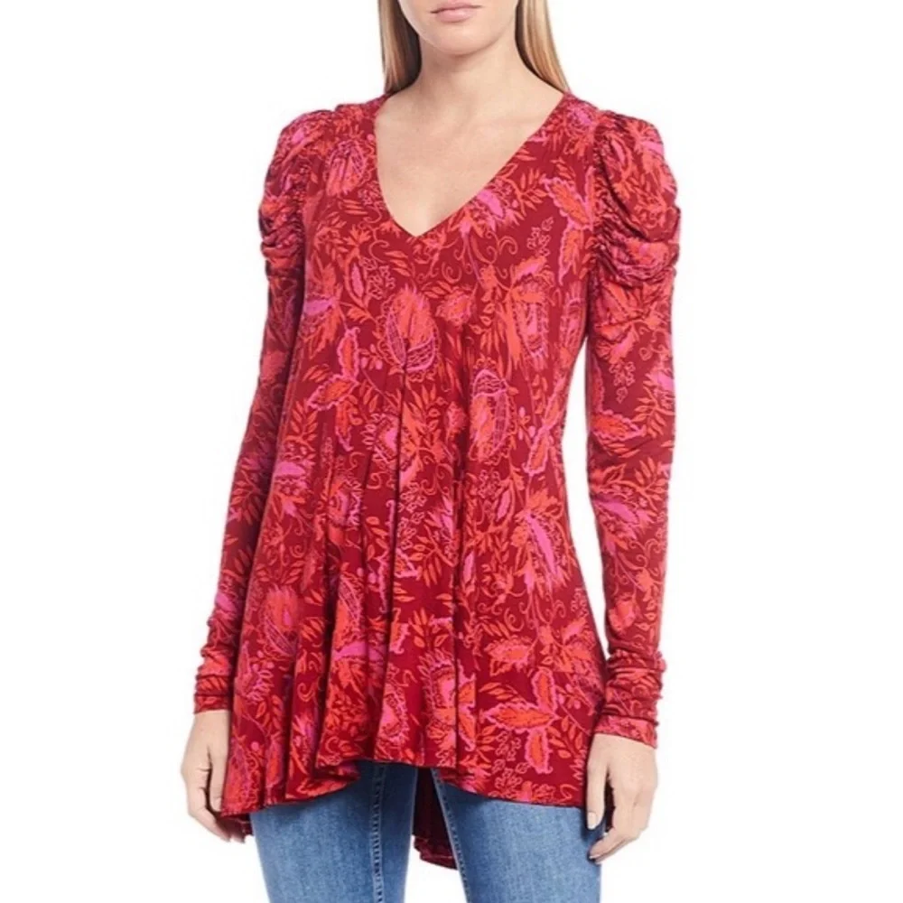 BOHO FREE PEOPLE HELLO LOVER V-NECK PUFF SLEEVE TUNIC DRESS FLOWY SILHOUETTE EUC