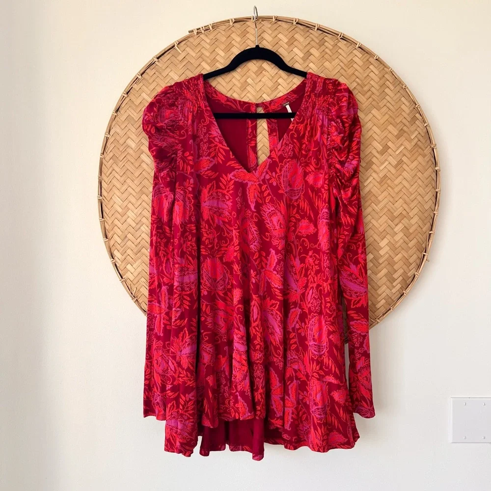 BOHO FREE PEOPLE HELLO LOVER V-NECK PUFF SLEEVE TUNIC DRESS FLOWY SILHOUETTE EUC