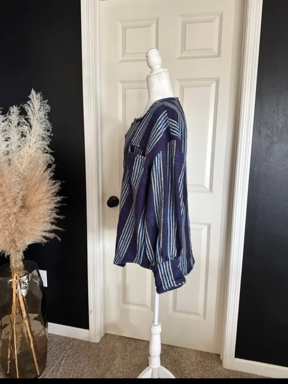 FREE PEOPLE We The Free Denim Dreaming Pullover in Blue Stripe oversized Small