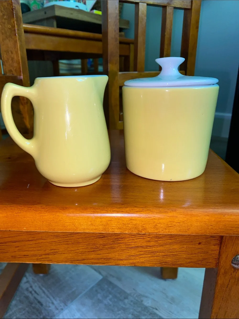 Vintage Ceramic Yellow and white Sugar Bowl and Creamer Set