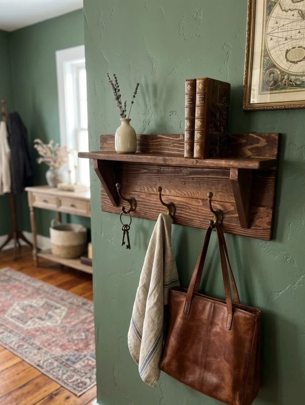 Rustic Wood Wall Shelf with Hooks - Brown