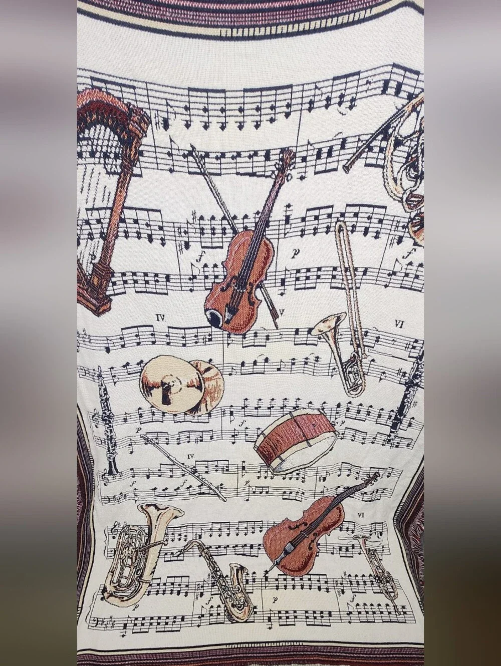 Goodwin weavers Musical Instruments Tapestry Throw Cream Brown USA Made