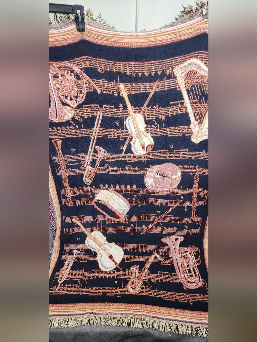 Goodwin weavers Musical Instruments Tapestry Throw Cream Brown USA Made