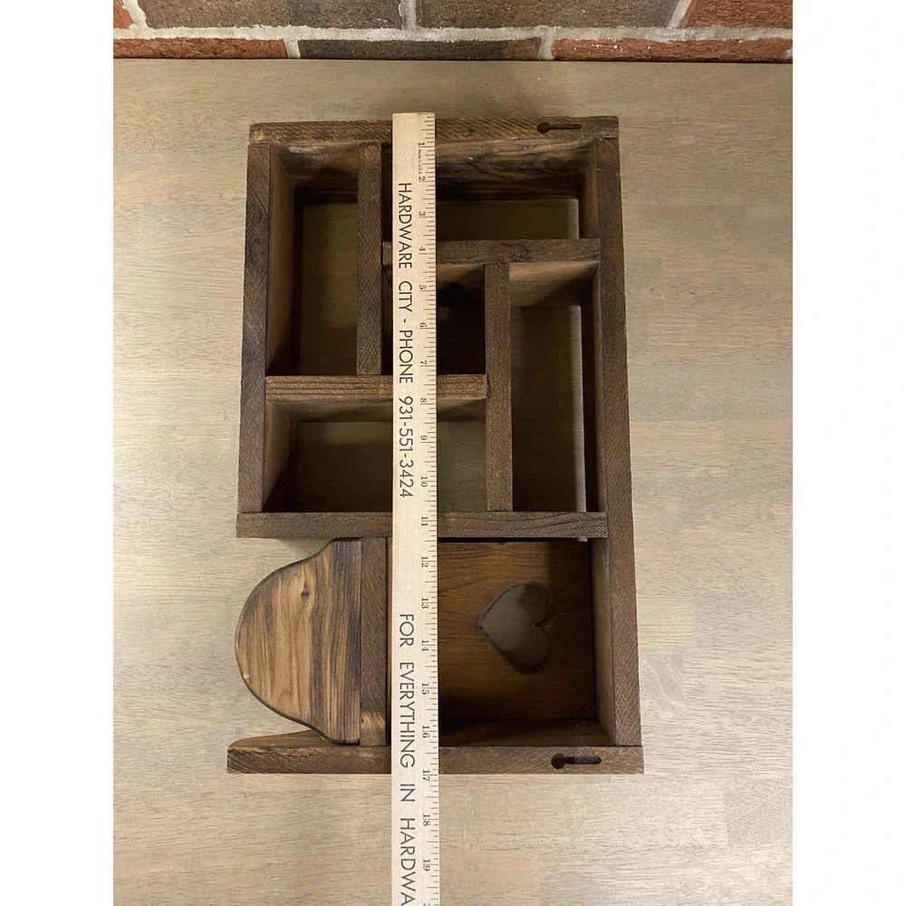 Vtg Wood Wall Shelf Curio Shadow Box Heart Dividers Display Country Cottage Core