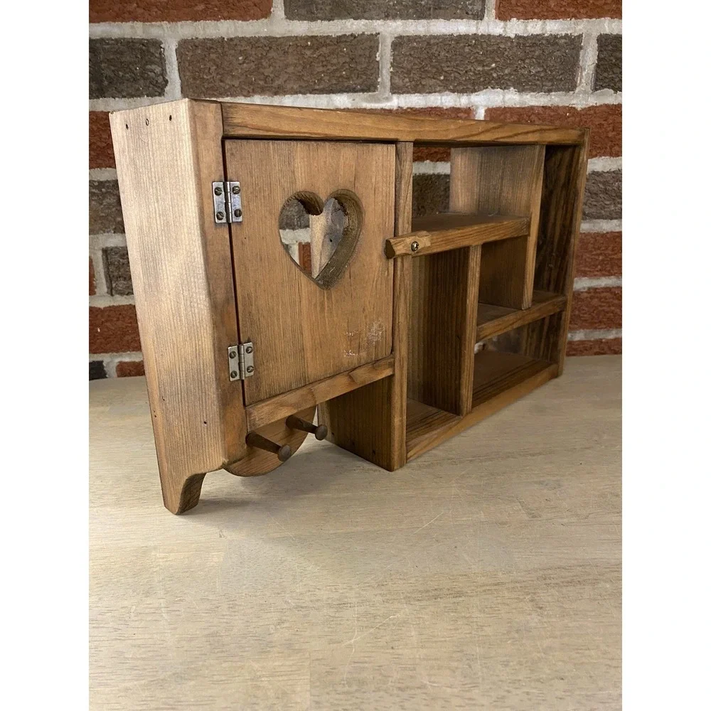 Vtg Wood Wall Shelf Curio Shadow Box Heart Dividers Display Country Cottage Core