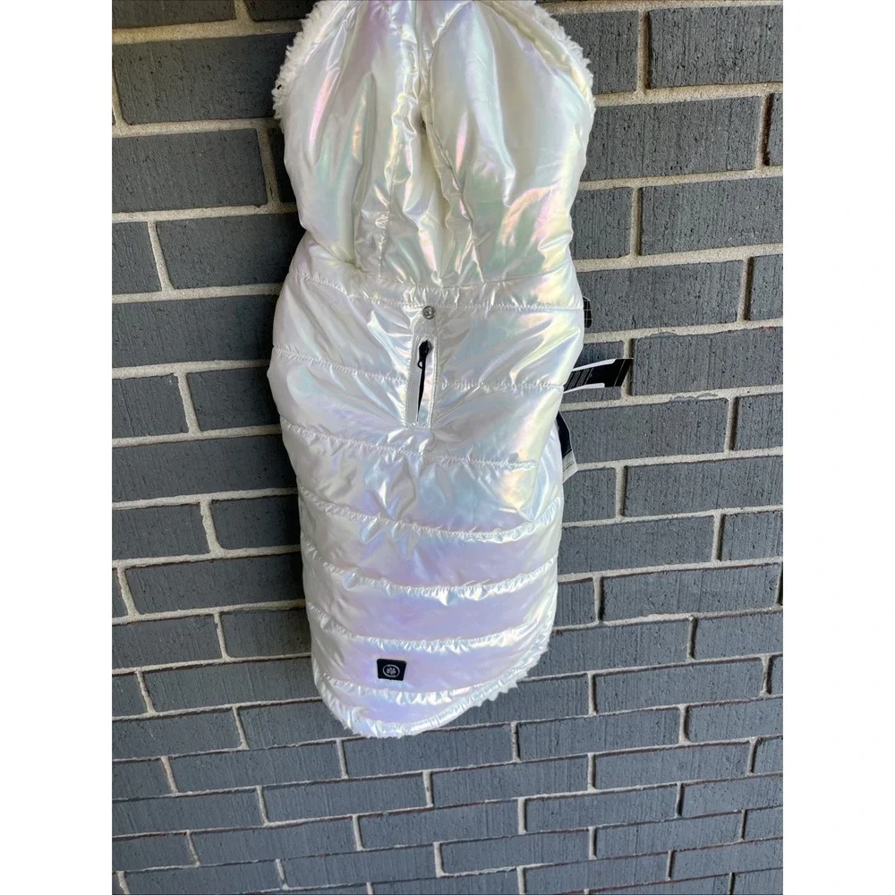 Silver Paw Dog LARGE Metallic Shiny Puffer Jacket Vest Quilted Insulated Warm