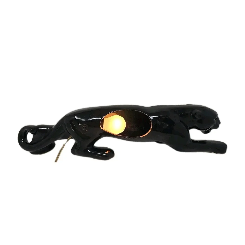 Vintage 1950s Ceramic Stalking Black Panther Cougar TV Light Lamp Works U251