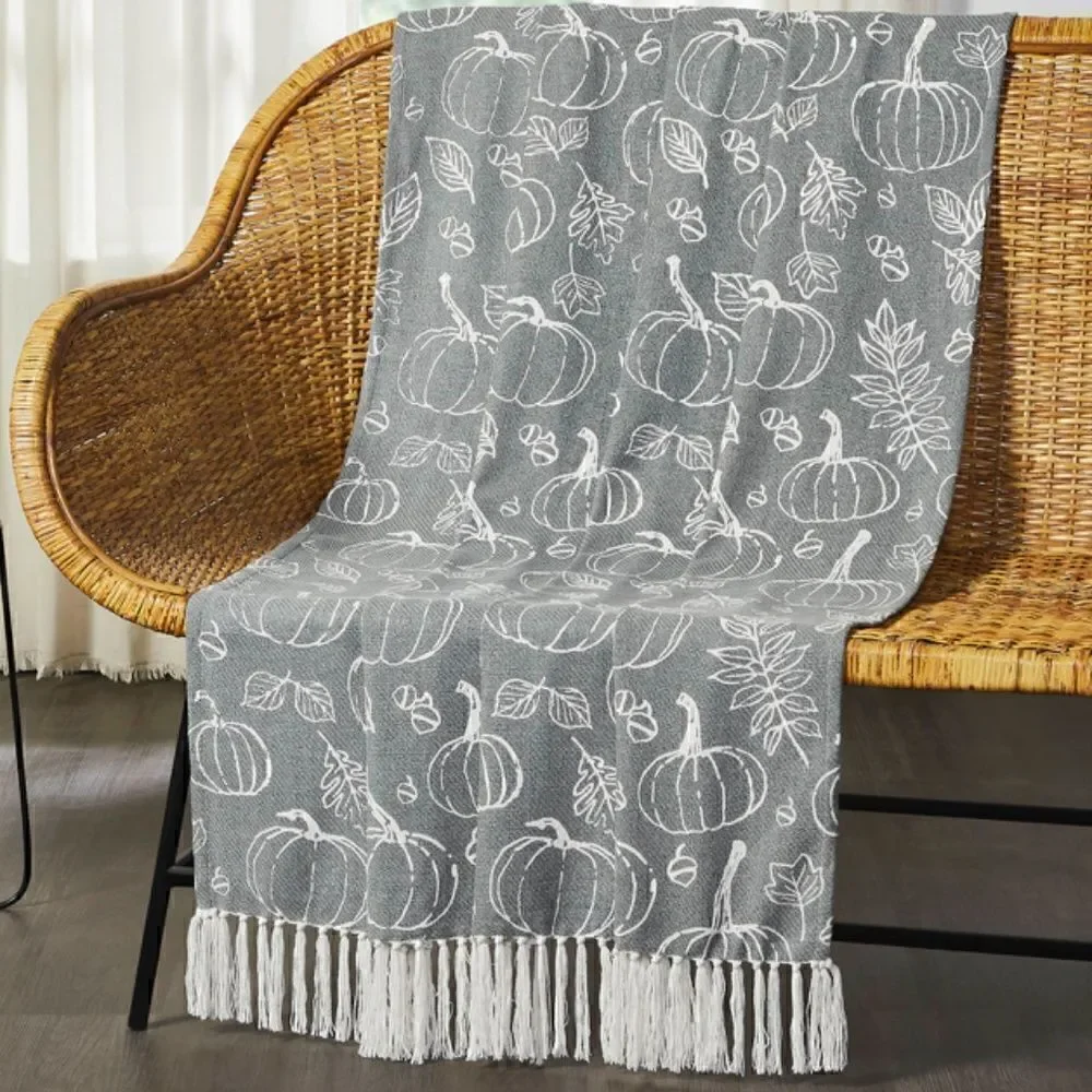 NEW! Harvest Pumpkin Gray Cotton Blend Woven Throw Blanket Tassels Autumn Fall