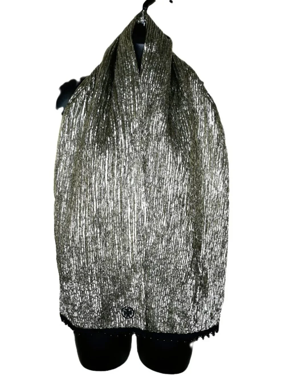 Tory Burch Silver Gold Lame Beaded Scarf Party Event Lightweight