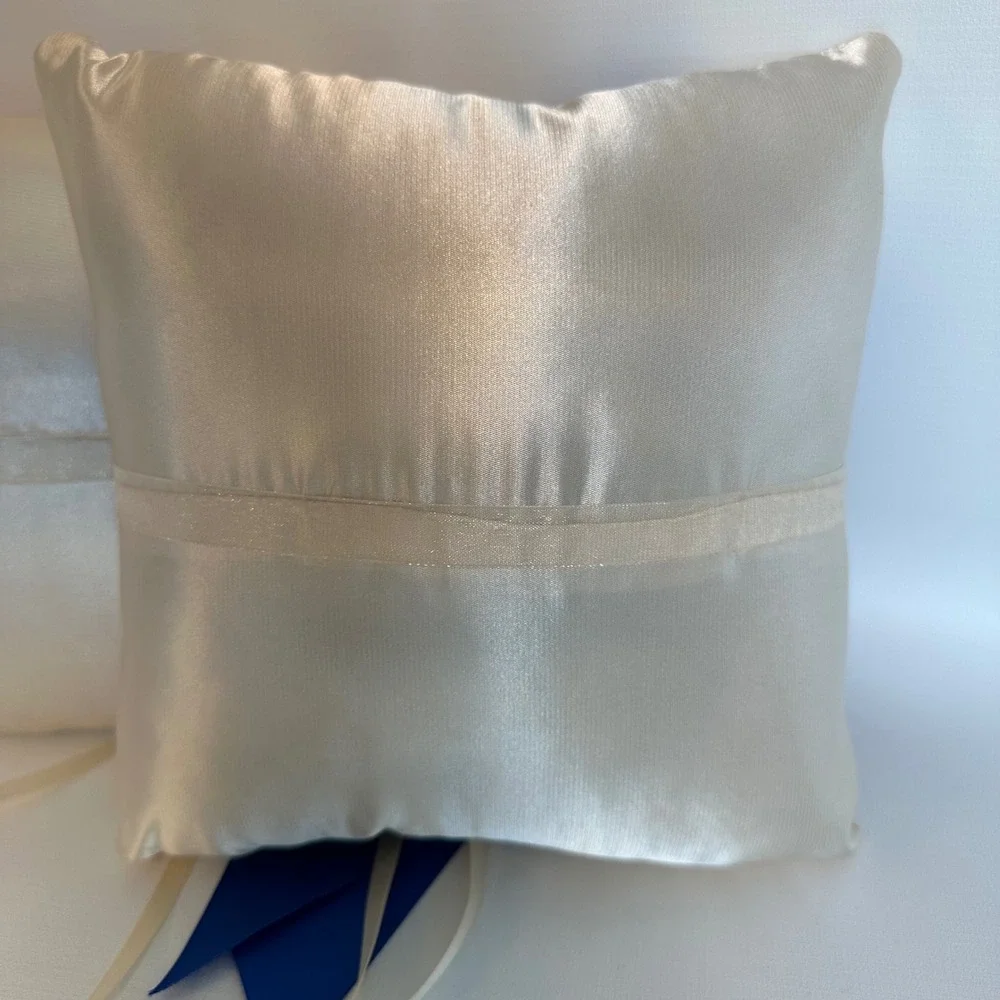 Wedding Ring‎ Bearer Pillow Ivory Satin Royal Blue Ribbon Bow Set of 2