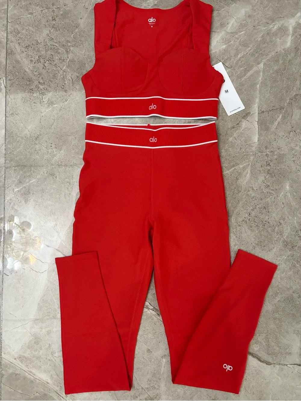 ALO Yoga Red High-Rise Leggings and Matching Sports Bra Set