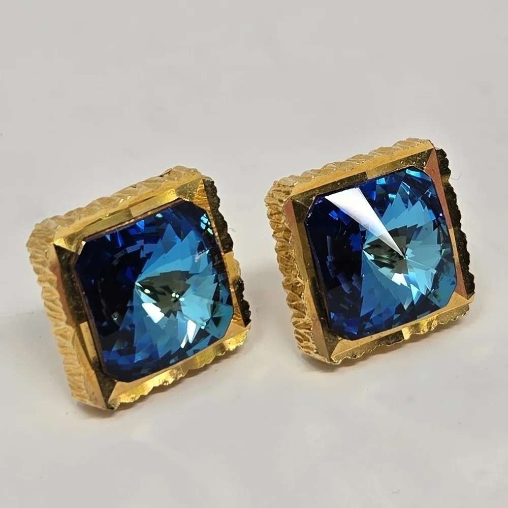 VINTAGE 1960S GOLD TONE BLUE RIVOLI CUFFLINKS MENSWEAR CLASSIC 1
