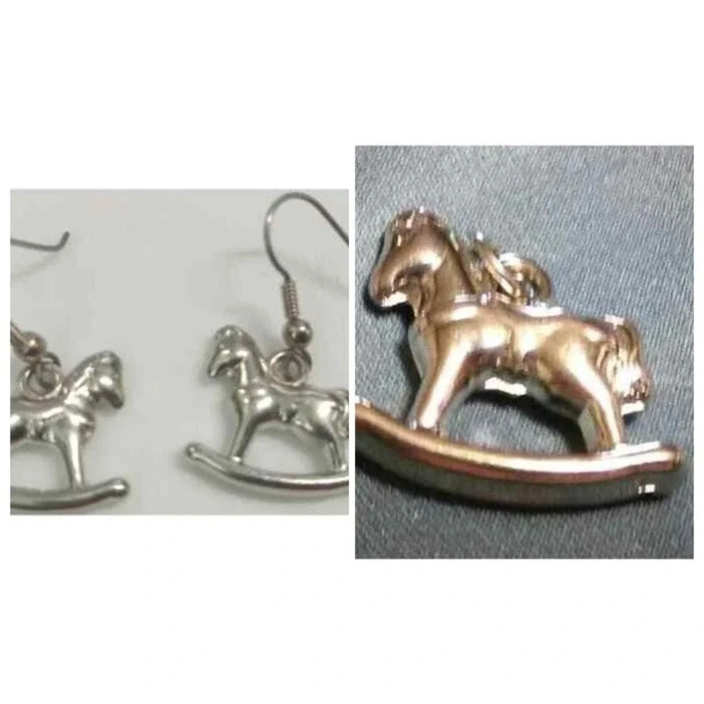 New Rocking Horse Earrings Pendant Charm Set Girls OS Silver Equine Equestrian