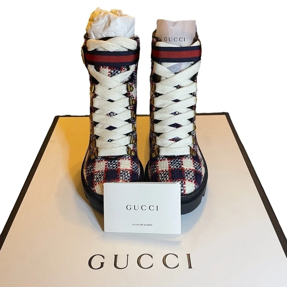 NIB Gucci Trip 40 Bootie in Plaid Tweed Sz. 34.5 (4.5)