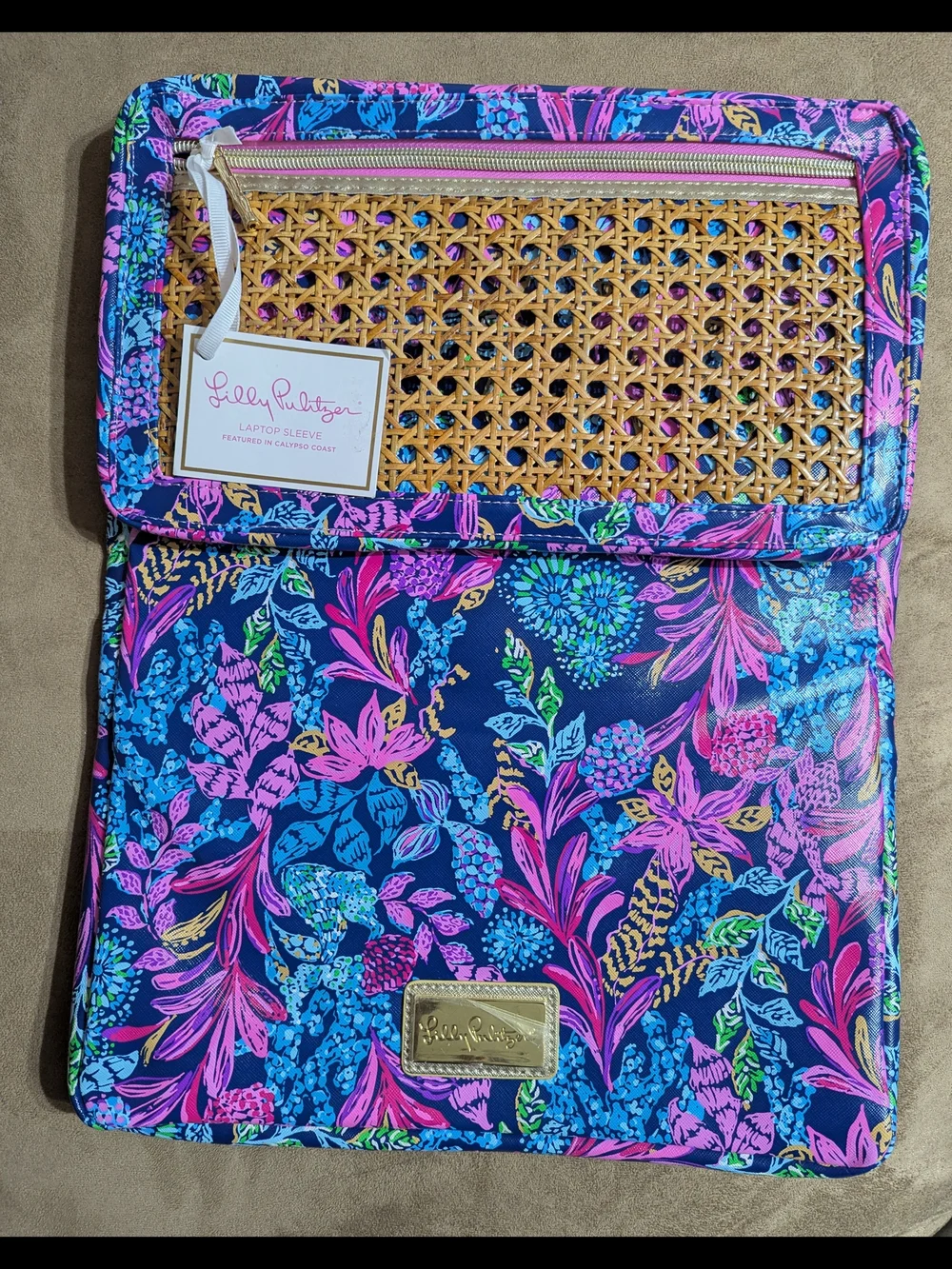 Lilly Pulitzer Navy Floral Laptop Sleeve with Woven Accent