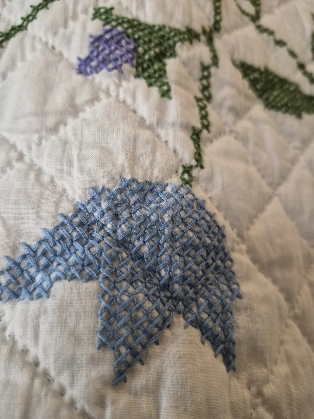 Baltimore Album Style Handmade Floral Quilted Bedspread in White and Light Blue