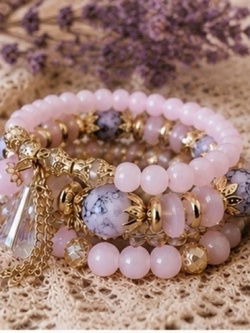 Gold & Pink Beaded Stretch Bracelet Set