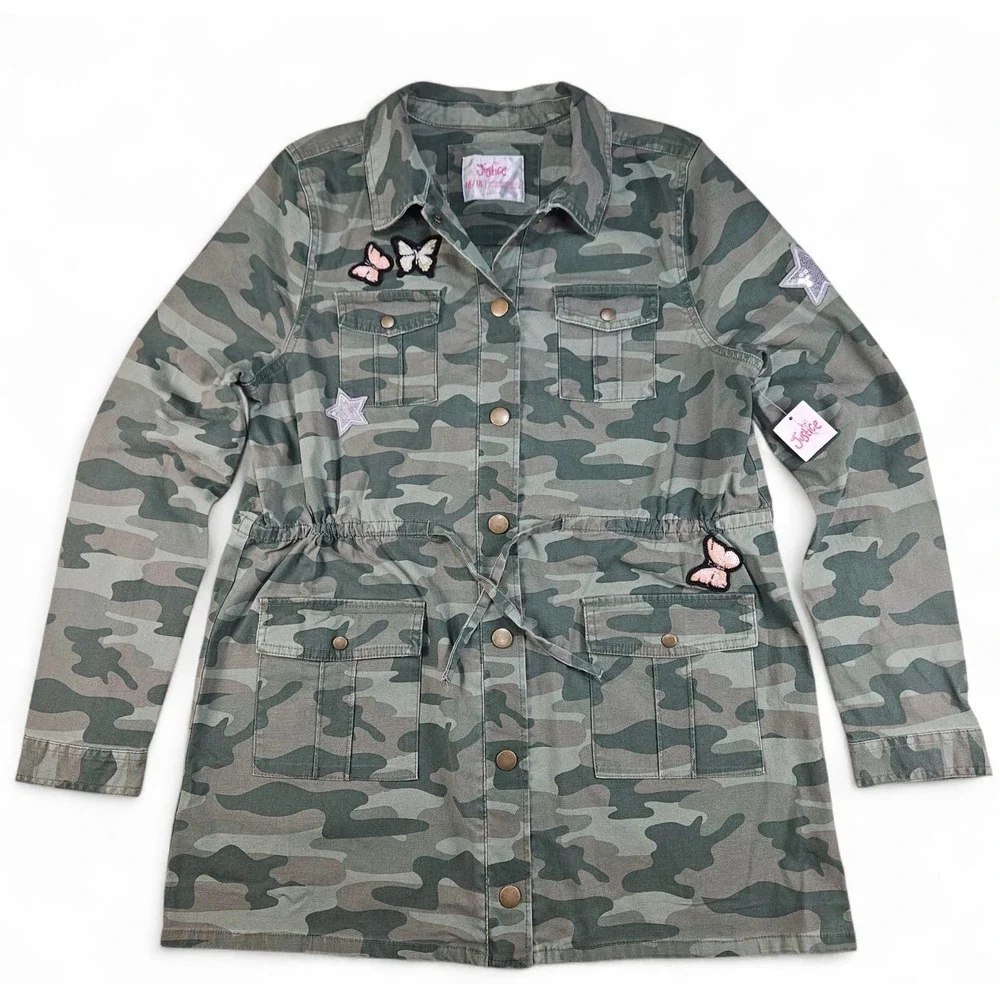 Justice Jacket Girls Size 16 / 18 Plus Camo Green Butterfly Star Patches Pockets
