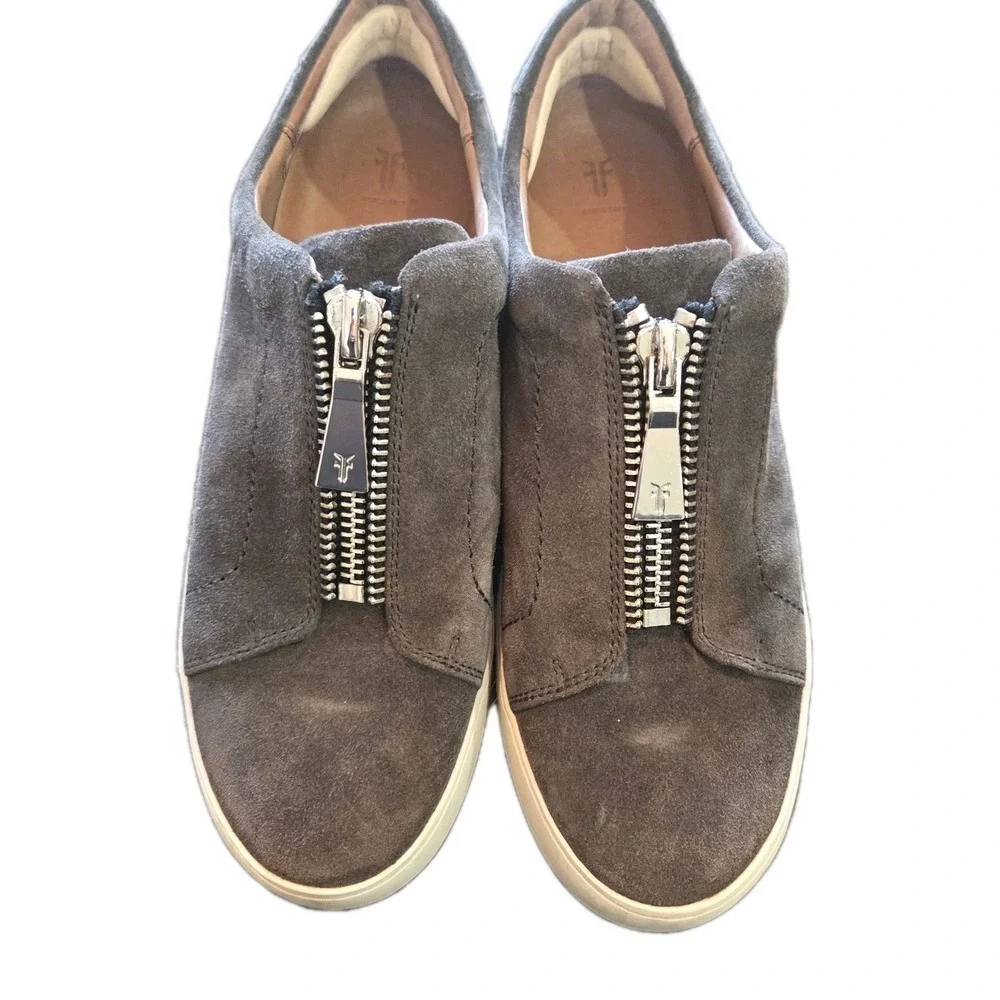 Frye Lena Gray /Brown Suede Zipper Slide In Sneakers Womens Size 10 Comfy Casual