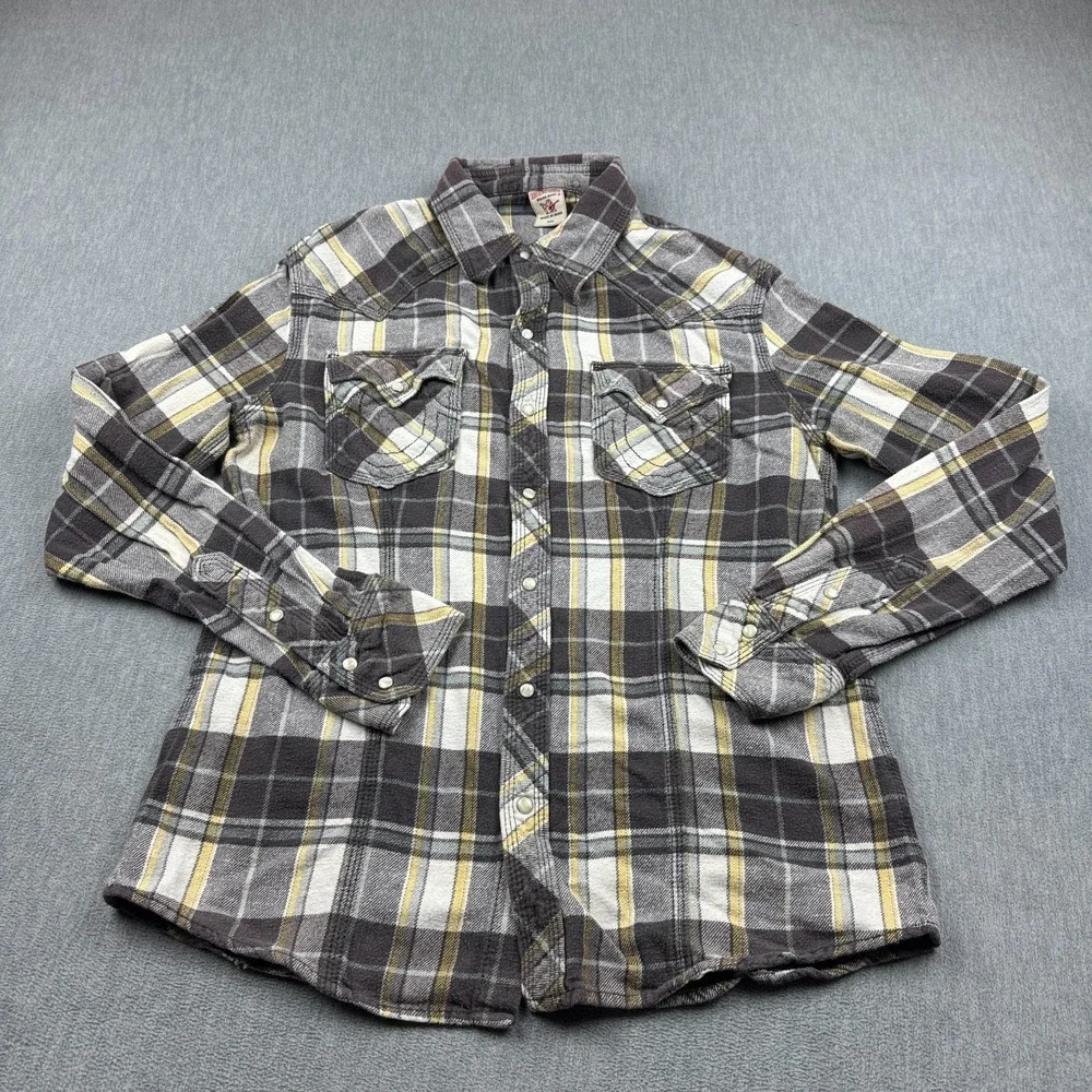 True Religion Shirt‎ Men 2XL XXL Brown Plaid Snap Button Up Flannel Long Sleeve