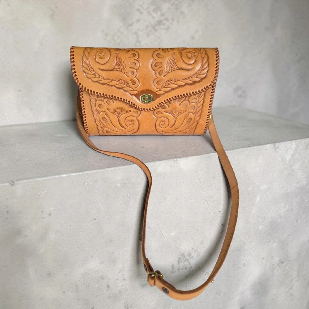 Vintage Hand-Tooled Genuine Leather Purse Shoulder Bag
