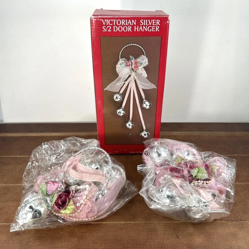 Vintage Victorian Silver, Christmas Pink Ribbons & Bells Door Hangers,‎ 2-Pcs