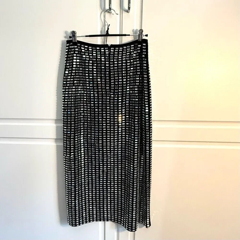 NWT WeWoreWhat Black Geo Crystal Midi Skirt. Size S