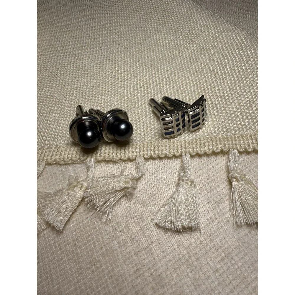 2-Piece Cufflink Set – Black Faux‎ Pearl & Blue Grid Design – Gift Box Ready