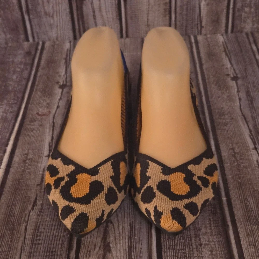 Sz 7 Rothy's The Point Big Cat Leopard Print Brown Tan Knit Flats Shoes VGUC!