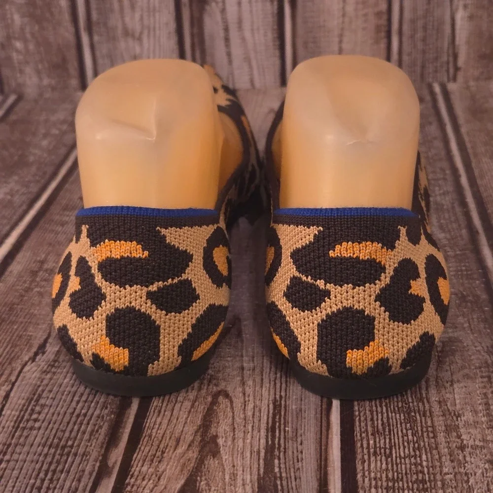 Sz 7 Rothy's The Point Big Cat Leopard Print Brown Tan Knit Flats Shoes VGUC!