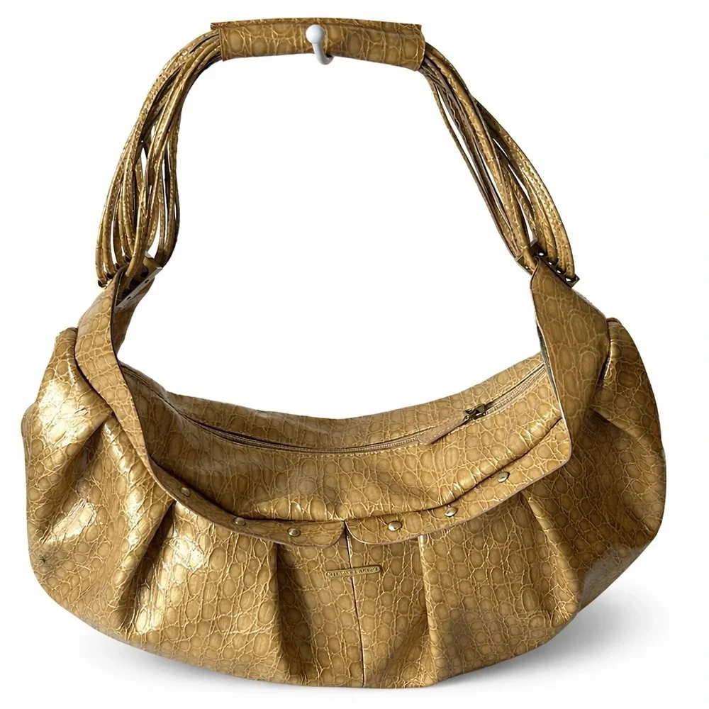 Charlie Lapson Gold Metallic Croc Embossed Shoulder Bag Slouchy Bag