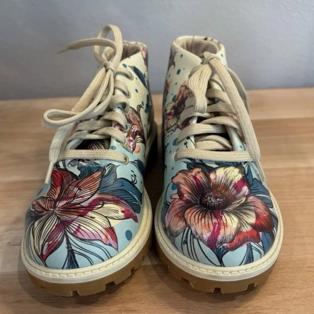 Mumka 36 Vegan Green Flowers Ankle Lace Up Floral Artisan Festival Boots (READ)