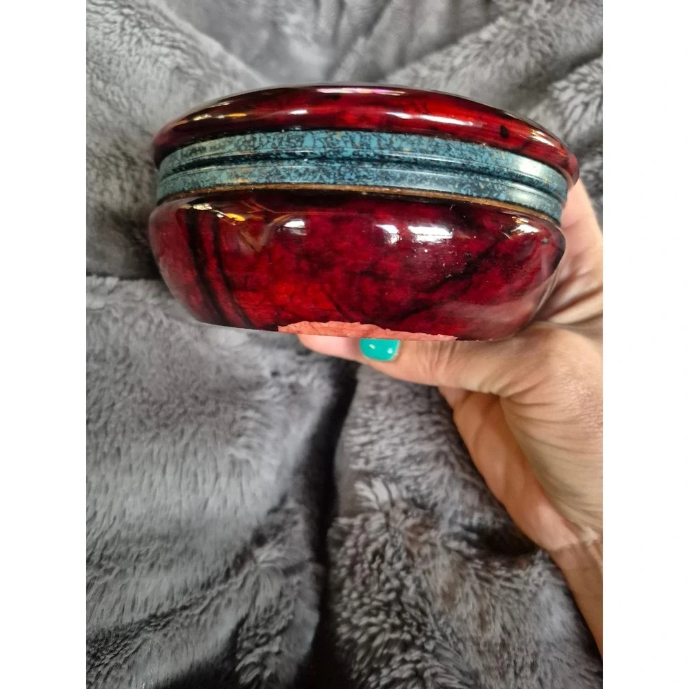 Vintage Italian Alabaster Trinket Box Red Marble Hand Carved Jewelry Dish Decor